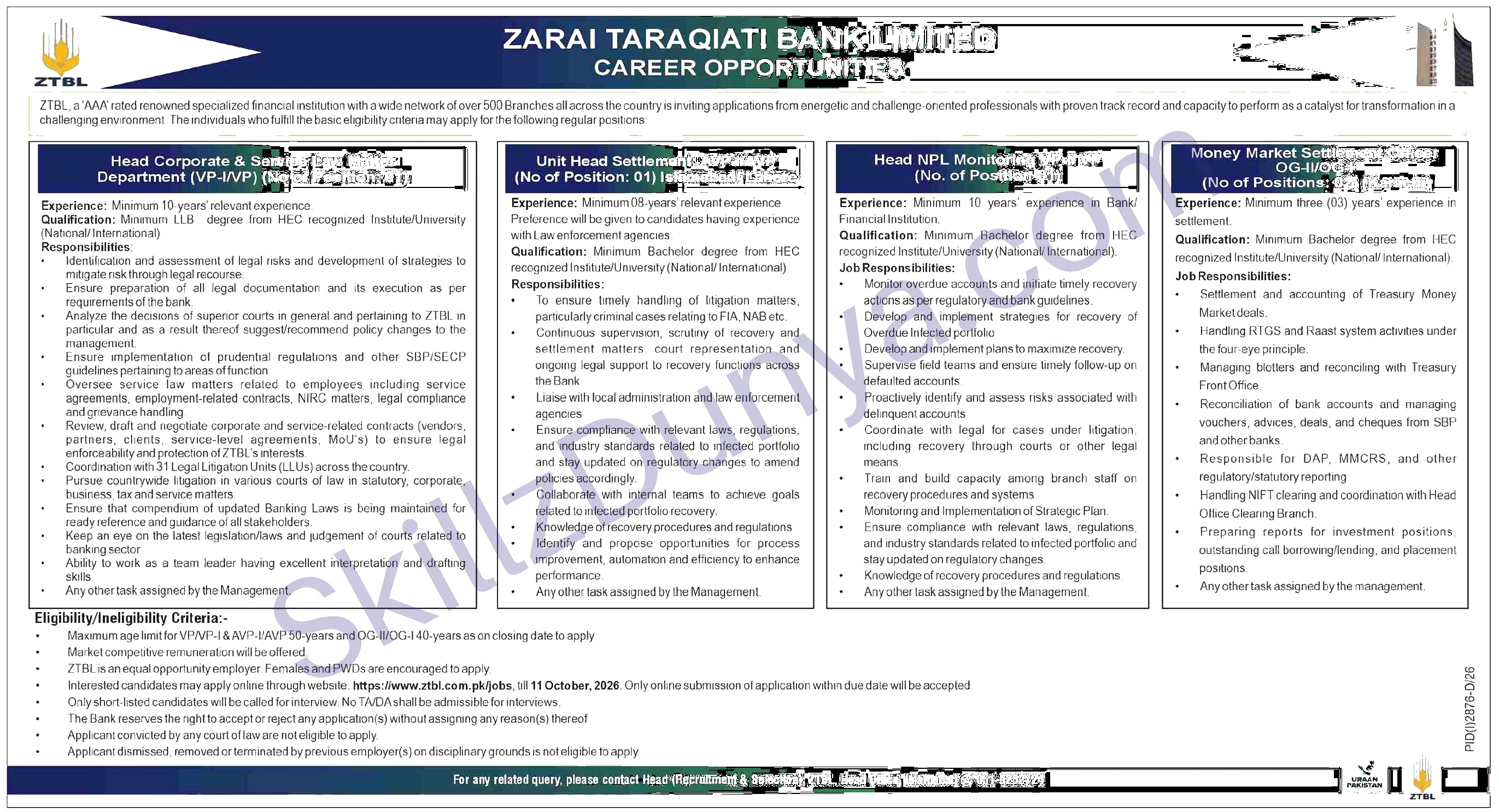 Zarai Taraqiati Bank Limited (ZTBL) Islamabad Jobs 2026 — Money Market Settlement Officer, Head Corporate & Service Law Department & 2 More Posts — Official Newspaper Advertisement | SkillzDunya