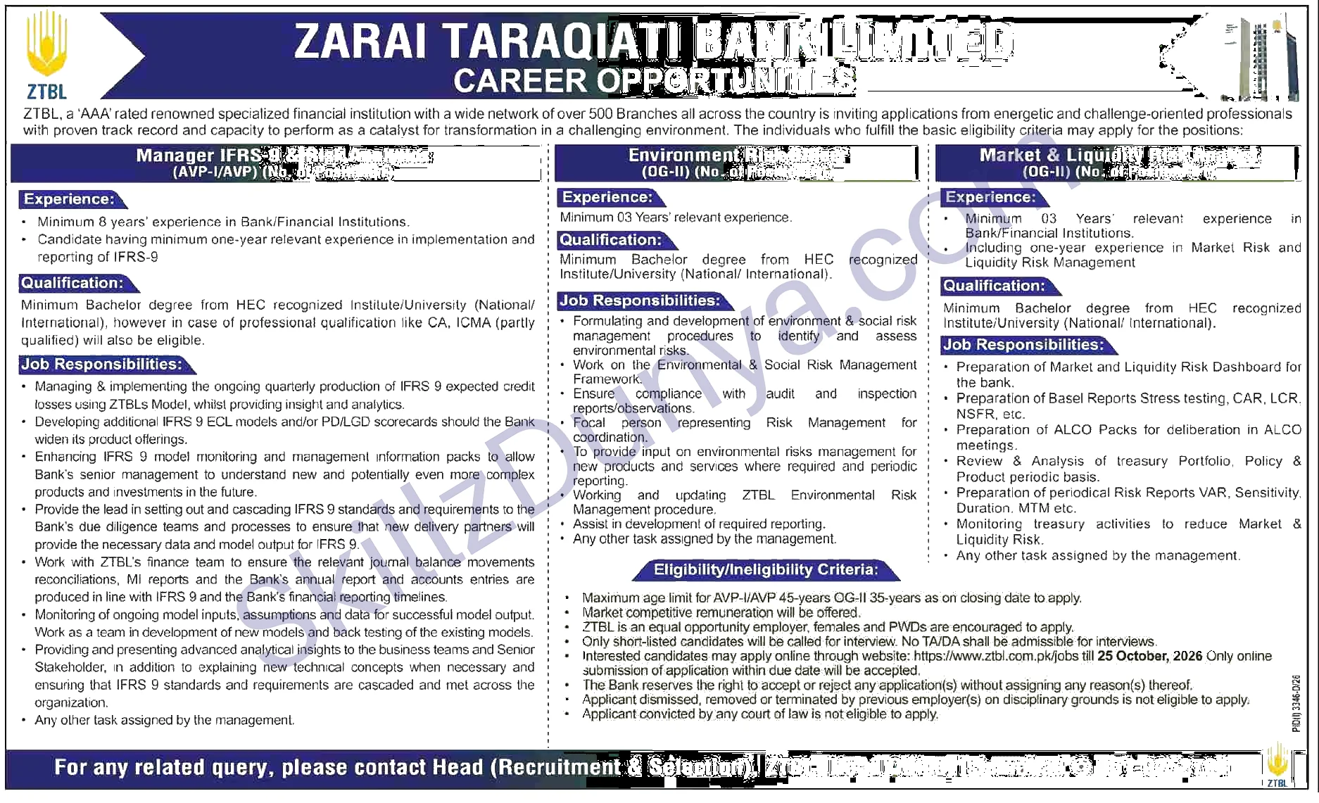 Zarai Taraqiati Bank Limited (ZTBL) Islamabad Jobs 2026 — Environment Risk Officer (OG-II), Market & Liquidity Risk Analyst (OG-II) — Official Newspaper Advertisement | SkillzDunya