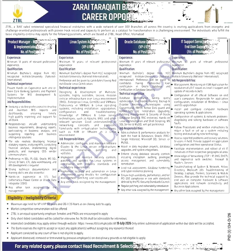 Zarai Taraqiati Bank Limited (ZTBL) Islamabad Jobs 2026 — Linux System Administrator (VP-I/VP), Oracle Database Administrator (VP-I/VP) 2026 — Official Newspaper Advertisement | SkillzDunya