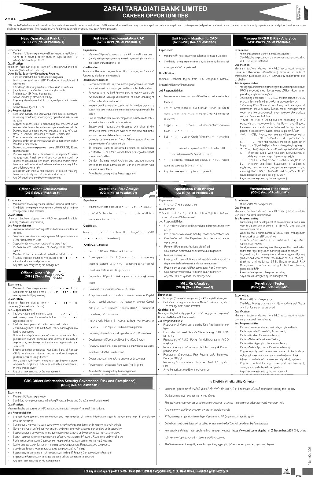 Zarai Taraqiati Bank Limited (ZTBL) Jobs 2025 2026 — Official Newspaper Advertisement | SkillzDunya