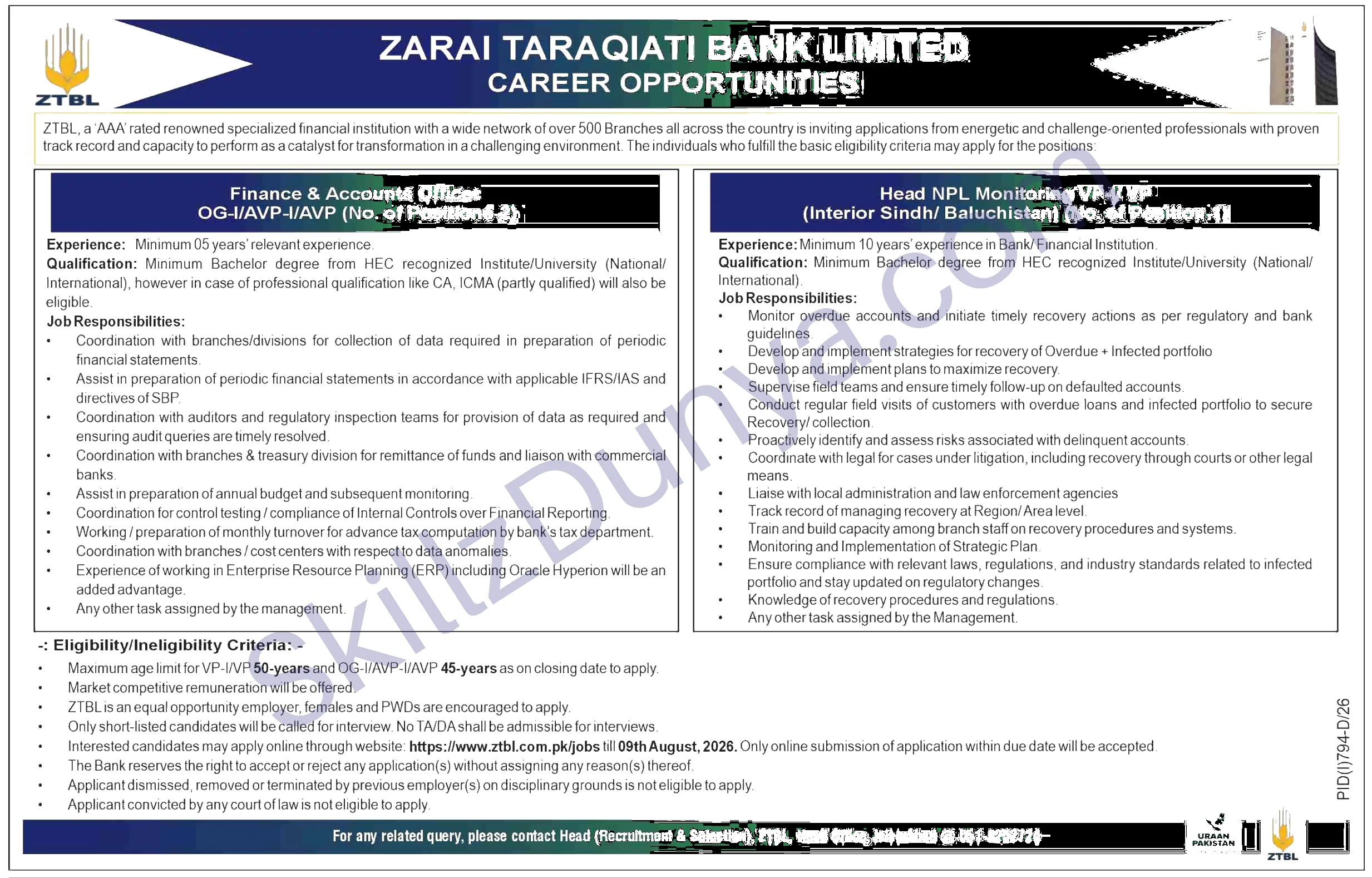 ZTBL — Zarai Taraqiati Bank Limited (ZTBL) Jobs 2026 Pakistan