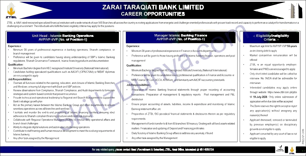 Ztbl Islamic Jobs 2026 — Islamic Banking — Official Newspaper Advertisement | SkillzDunya